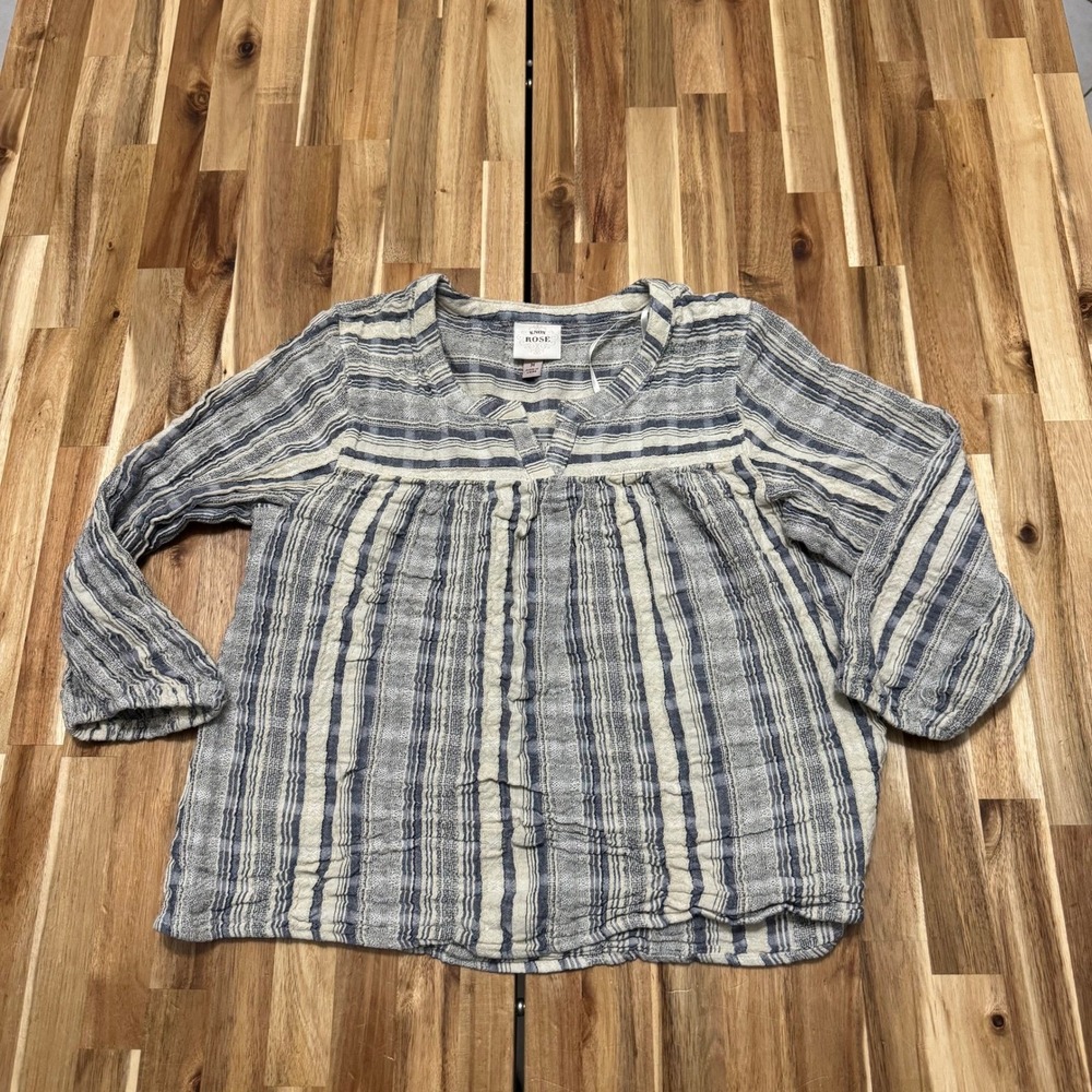 Knox Rose Blouse Womens M Blue White Striped Peasant Boho 3/4 Sleeve Cotton Top